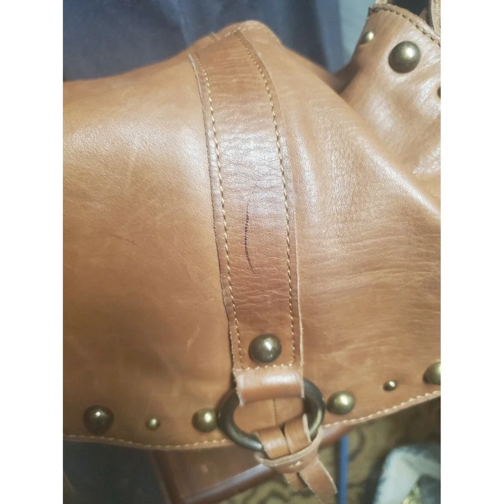 Lucky Brand‎ Tan Leather Studded Crossbody Messenger Bag Boho Tassel Brown